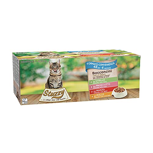 Stuzzy, Nassfutter für ausgewachsene Katzen, Verschiedene Geschmacksrichtungen, Snacks in Sauce – insgesamt 4,08 kg (48 Beutel x 85 g – 12 Huhn, 12 Ochse; 12 Schinken; 12 Rind) von Stuzzy