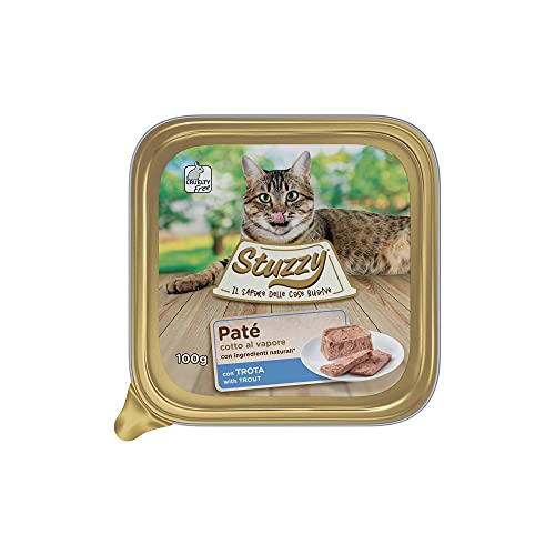 Stuzzy Mister Nassfutter für ausgewachsene Katzen, Geschmack Forelle, Linie Pastete und Fleisch in Stücken, insgesamt 3,2 kg (32 Becher x 100 g) von Stuzzy