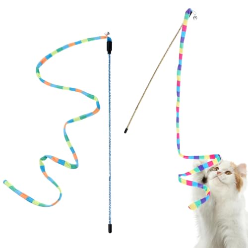 Katzenstab-Spielzeug, interaktiver Regenbogenstab, Spielzeug für Indoor-Katzen und Kätzchen, buntes Katzentanz-Spielzeug, Katzenfeder-Teaser mit Glocken für Indoor-Katzen zum Spielen, Jagen, Üben, 2 von Styquenzer