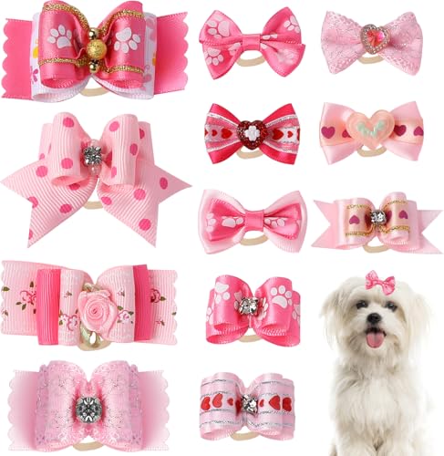 Hundehaarschleifen, Welpenschleifen für kleine Hunde, 4,6 cm, niedliche Hundeschleifen, handgefertigt, rosa, mit Gummibändern, Strass, Haarschmuck für kleine Hunde, Haarschmuck für Welpen, Kätzchen, von Styquenzer