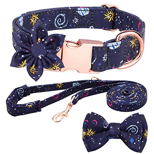 Hundehalsband und Leine, Set mit verstellbaren, starken goldfarbenen Schnallen, für kleine, mittelgroße und große Hunde (S, dunkelblauer Planet) von Sufei