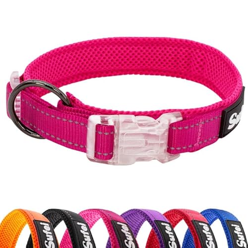 SUFEI Hundehalsband, Nylon, weich, gepolstert, atmungsaktiv, reflektierend, verstellbar, taktisch, wasserdicht, Haustierhalsbänder für kleine, mittelgroße und große Hunde (XL, Rosa) von Sufei