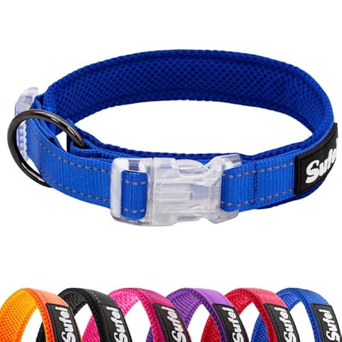 SUFEI Nylon Weich Gepolstertes Hundehalsband Atmungsaktiv Reflektierend Einstellbar Taktische Wasserdicht Haustier Halsbänder für Kleine Mittlere Große Hunde (L, Blau) von Sufei