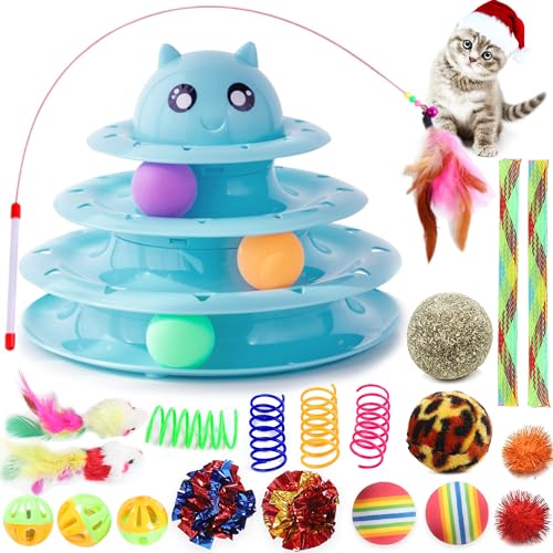 21 Packung Katze Spielzeug Interaktiv für Innenbereich Katzen Kätzchen Spielzeug Spaß Walze 3 Ebene Katze Teaser Ball Spielzeug mit bunten Bällen Kitty Spielzeug für Langeweile (Blau) von Suhaco