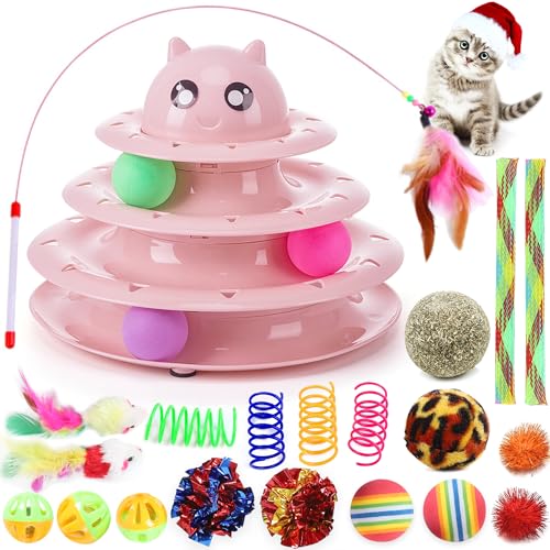 21 Packung Katze Spielzeug Interaktiv für Innenbereich Katzen Kätzchen Spielzeug Spaß Walze 3 Ebene Katze Teaser Ball Spielzeug mit bunten Bällen Kitty Spielzeug für Langeweile (Rosa) von Suhaco