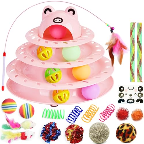 Suhaco 26 PCS Katze Spielzeug Für Indoor Kätzchen Katze Interaktive Rolle 4-Level Track Kitty Spielzeug Mit Bunten Bällen Selbst Spielen Katze Ball Spielzeug Haustier Spielzeug Für Langeweile (rosa) von Suhaco