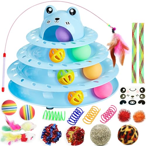 Suhaco 26 PCS Katze Spielzeug Für Indoor Kätzchen Interaktive Rolle 4-Level Track Kitty KatzeSpielzeug Mit Bunten Bällen Selbst Spielen Katze Ball Haustier Spielzeug Für Langeweile ((blau) von Suhaco