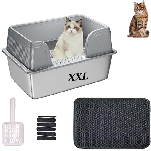 Suhaco Edelstahl Katzenstreu Box mit Deckel Kitty Schwarze Katzenstreu Matte und weißer Scoop Inklusive Covered Metal High Sided Abnehmbare große Katzenstreu Box Gehäuse 60×40×30(Grau XXL) von Suhaco