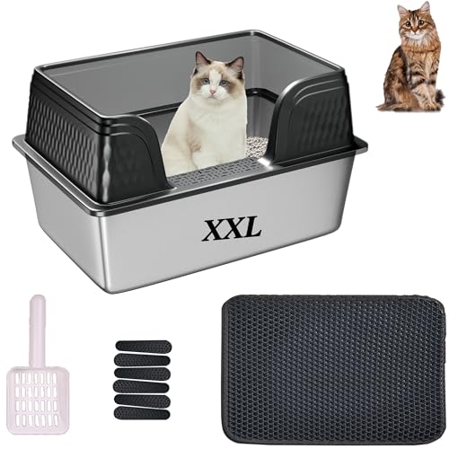 Suhaco Edelstahl Katzenstreu Box mit Deckel Kitty Schwarze Katzenstreu Matte und weißer Scoop Inklusive Covered Metal High Sided Abnehmbare große Katzenstreu Box Gehäuse 60×40×30(Schwarz XXL) von Suhaco