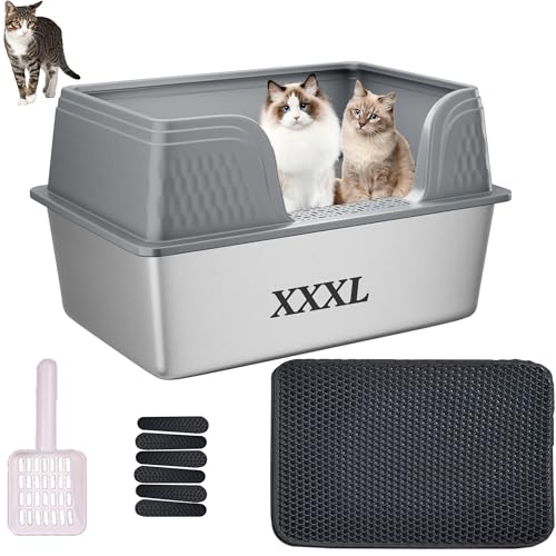 Suhaco Edelstahl Katzenstreu Box mit Deckel Kitty Schwarze Katzenstreu Matte und weißer Scoop Inklusive Covered Metal High Sided Abnehmbare große Katzenstreu Box Gehäuse 60×40×35(Grau XXXL) von Suhaco