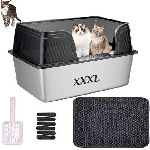 Suhaco Edelstahl Katzenstreu Box mit Deckel Kitty Schwarze Katzenstreu Matte und weißer Scoop Inklusive Covered Metal High Sided Abnehmbare große Katzenstreu Box Gehäuse 60×40×35(Schwarz XXXL) von Suhaco