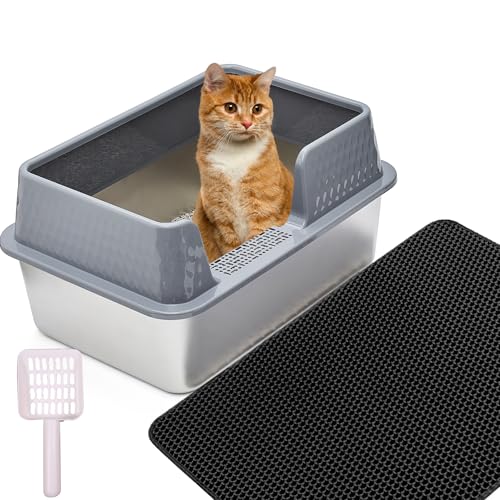 Suhaco Edelstahl Litter Box mit Deckel Cat Litter Box Anti-Leckage Spritzschutz Einfache Reinigung High Sided Litter Tablett mit Matte Metall Katzentoilette (L,Grau) von Suhaco