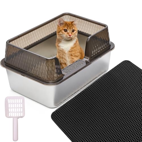 Suhaco Edelstahl Litter Box mit Deckel Cat Litter Box Anti-Leckage Spritzschutz Einfache Reinigung High Sided Litter Tablett mit Matte Metall Katzentoilette (L,Schwarz) von Suhaco