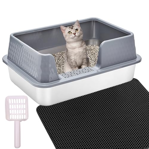 Suhaco Edelstahl Litter Box mit Deckel Cat Litter Box Anti-Leckage Spritzschutz Einfache Reinigung High Sided Litter Tablett mit Matte Metall Katzentoilette (M,Grau) von Suhaco