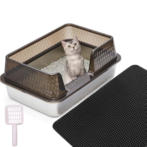 Suhaco Edelstahl Litter Box mit Deckel Cat Litter Box Anti-Leckage Spritzschutz Einfache Reinigung High Sided Litter Tablett mit Matte Metall Katzentoilette (M,Schwarz) von Suhaco