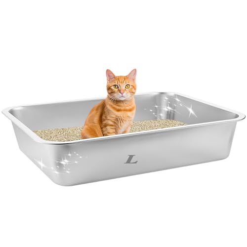 Suhaco Katzentoilette aus Edelstahl, hohe Seiten, groß, 60 x 40 x 10 cm, einfache Reinigung, antihaftbeschichtet, auslaufsicher, Metall-Katzentoilette von Suhaco