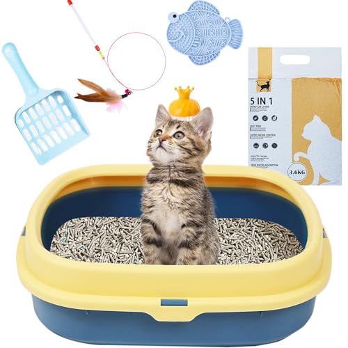 Suhaco Katzentoiletten-Starter-Set mit Katzenstreu und Schaufel, Leckmatte, Fellpflegebürste, All-in-One-Essentials für Kätzchen, Katzentoilette, Geruchskontrolle, leicht zu reinigen, 6-teiliges Set von Suhaco