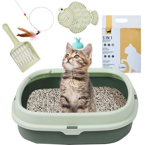 Suhaco Katzentoiletten-Starter-Set mit Katzenstreu und Schaufel, Leckmatte, Fellpflegebürste, All-in-One-Essentials für Kätzchen, Katzentoilette, Geruchskontrolle, leicht zu reinigen, Grün von Suhaco