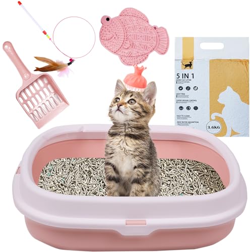 Suhaco Katzentoiletten-Starter-Set mit Katzenstreu und Schaufel, Leckmatte, Fellpflegebürste, All-in-One-Essentials für Kätzchen, Katzentoilette, Geruchskontrolle, leicht zu reinigen, Rosa, 6-teilig von Suhaco