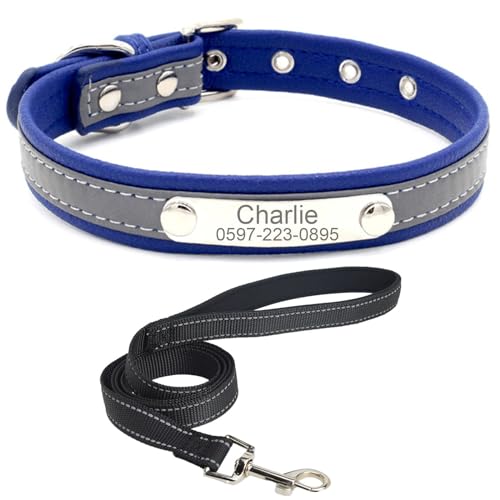 Personalisiertes Hundehalsband mit Leine. Reflektierendes Hundehalsband mit personalisiertem Anhänger. Hundehalsband aus Edelstahl-Leder für kleine, mittlere und große Hunde von Suiecuor