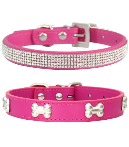 Suiecuor 2 teiliges lederhalsband Hund, hundehalsband Strass welpenhalsband mit Metallknochen Dekoration geeignet für kleine mittelgroße Hunde und Katzen Dunkelrosa XS von Suiecuor