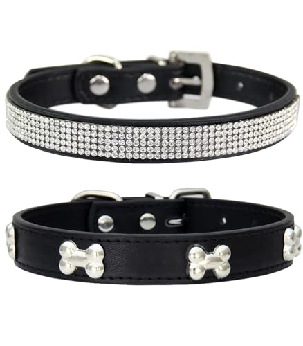 Suiecuor 2 teiliges lederhalsband Hund, hundehalsband Strass welpenhalsband mit Metallknochen Dekoration geeignet für kleine mittelgroße Hunde und Katzen Schwarz S von Suiecuor