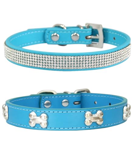 Suiecuor 2 teiliges lederhalsband Hund, hundehalsband Strass welpenhalsband mit Metallknochen Dekoration geeignet für kleine mittelgroße Hunde und Katzen Seeblau S von Suiecuor