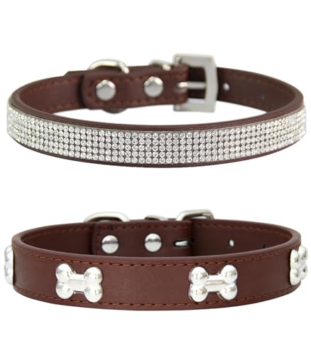 Suiecuor 2 teiliges lederhalsband Hund, hundehalsband Strass welpenhalsband mit Metallknochen Dekoration geeignet für kleine mittelgroße Hunde und Katzen Braun S von Suiecuor