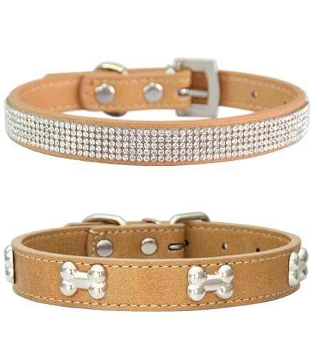 Suiecuor 2 teiliges lederhalsband Hund, hundehalsband Strass welpenhalsband mit Metallknochen Dekoration geeignet für kleine mittelgroße Hunde und Katzen Khaki S von Suiecuor