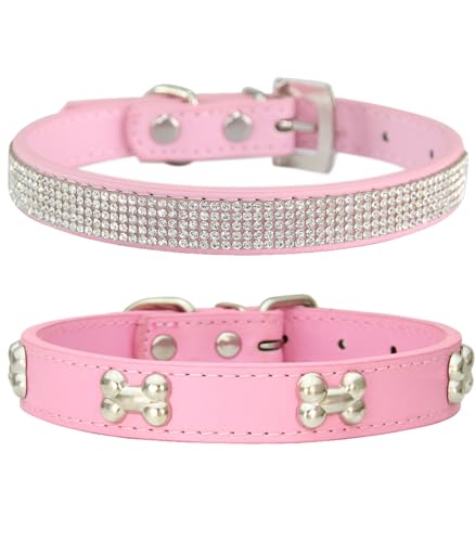 Suiecuor 2 teiliges lederhalsband Hund, hundehalsband Strass welpenhalsband mit Metallknochen Dekoration geeignet für kleine mittelgroße Hunde und Katzen Rosa XS von Suiecuor