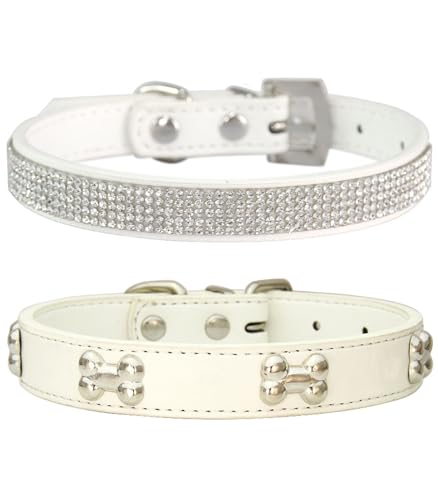 Suiecuor 2 teiliges lederhalsband Hund, hundehalsband Strass welpenhalsband mit Metallknochen Dekoration geeignet für kleine mittelgroße Hunde und Katzen Weiß M von Suiecuor