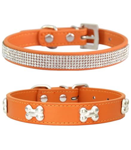 Suiecuor 2 teiliges lederhalsband Hund, hundehalsband Strass welpenhalsband mit Metallknochen Dekoration geeignet für kleine mittelgroße Hunde und Katzen Orange XS von Suiecuor