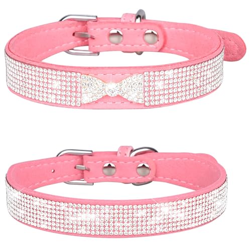 Suiecuor 2 pcs Hundehalsband Strass Katzenhalsband mit glänzender Diamantschleife verstellbares Hundehalsband aus weichem Wildleder geeignet für kleine mittelgroße und große Hunde Rosa XS von Suiecuor