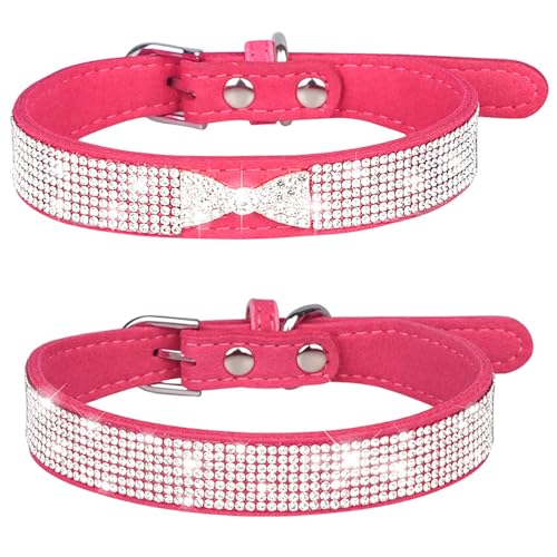 Suiecuor 2 pcs Hundehalsband Strass Katzenhalsband mit glänzender Diamantschleife verstellbares Hundehalsband aus weichem Wildleder geeignet für kleine mittelgroße und große Hunde Dunkelrosa S von Suiecuor