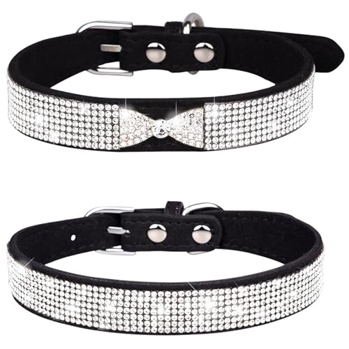 Suiecuor 2 pcs Hundehalsband Strass Katzenhalsband mit glänzender Diamantschleife verstellbares Hundehalsband aus weichem Wildleder geeignet für kleine mittelgroße und große Hunde Schwarz XS von Suiecuor