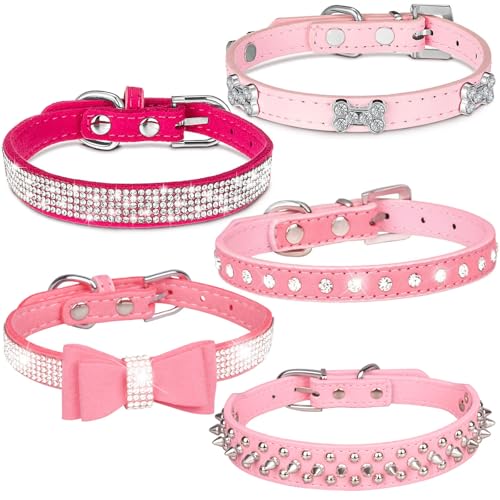 Suiecuor 5 teiliges Hunde Halsband kleine Hunde,hundehalsband mit Strass welpenhalsband geeignet für kleine mittelgroße Hunde und Katzen Rosa S von Suiecuor