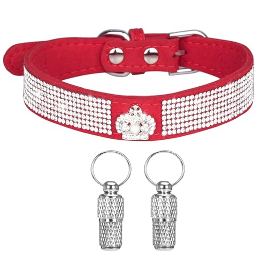 Suiecuor Hundehalsband Kleine Hunde Hundehalsband Strass Glänzende Diamanten Weiches Wildleder Verstellbares Welpenhalsband für Kleine Mittlere Hunde Rot M von Suiecuor