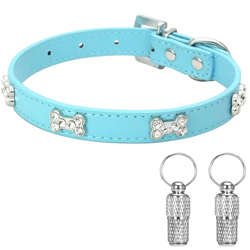 Suiecuor Hundehalsband Leder Hundehalsband Knochen Hundehalsbänder Geeignet für kleine mittelgroße und große Hunde und Katzen Blau S von Suiecuor