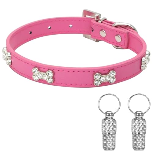 Suiecuor Hundehalsband Leder Hundehalsband Knochen Hundehalsbänder Geeignet für kleine mittelgroße und große Hunde und Katzen Dunkelrosa XS von Suiecuor