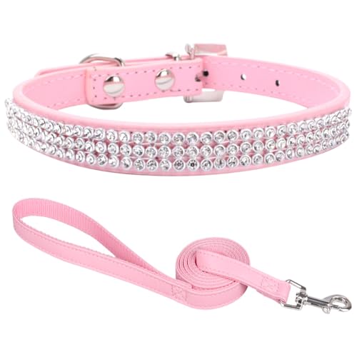 Suiecuor Hundehalsband mit Leine hundehalsband Strass hundehalsband kleine Hunde lederhalsband Hund für kleine mittlere und große Hunde Rosa M von Suiecuor