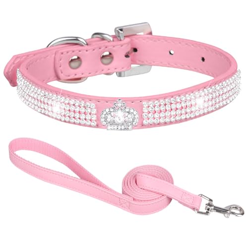 Suiecuor Hundehalsband mit Leine hundehalsband Strass hundehalsband kleine Hunde lederhalsband Hund für kleine mittlere und große Hunde Rosa M von Suiecuor