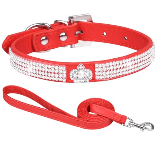 Suiecuor Hundehalsband mit Leine hundehalsband Strass hundehalsband kleine Hunde lederhalsband Hund für kleine mittlere und große Hunde Rot M von Suiecuor