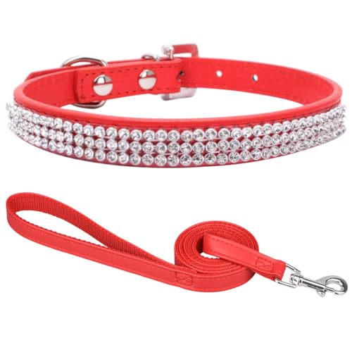 Suiecuor Hundehalsband mit Leine hundehalsband Strass hundehalsband kleine Hunde lederhalsband Hund für kleine mittlere und große Hunde Rot S von Suiecuor