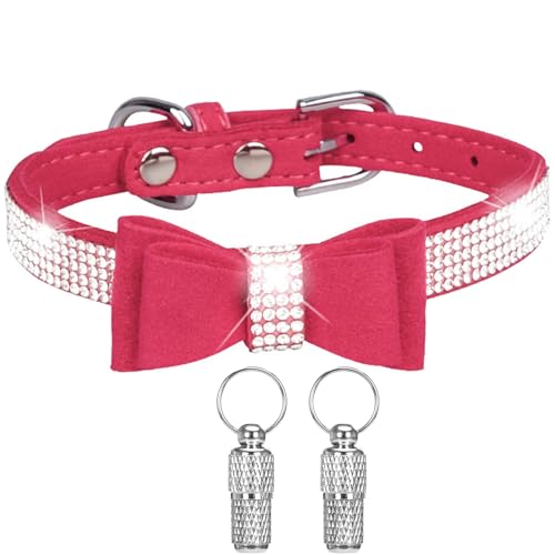 Suiecuor Hundehalsband mit Strasssteinen und Schleife, Hundehalsband mit personalisiertem Anhänger und Anti-Verlust-Tag für Haustiere, Katzen und Welpen von Suiecuor