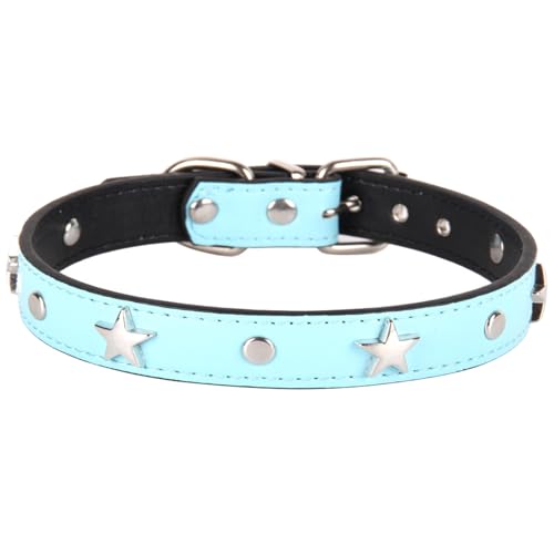 Suiecuor Lederhalsband Hund Welpenhalsband mit Metall Pentagramm Dekoration Halsband Hund Geeignet für kleine mittlere Hunde und Katzen Azurblau M von Suiecuor