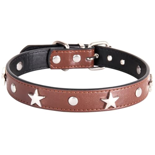 Suiecuor Lederhalsband Hund Welpenhalsband mit Metall Pentagramm Dekoration Halsband Hund Geeignet für kleine mittlere Hunde und Katzen Braun XS von Suiecuor