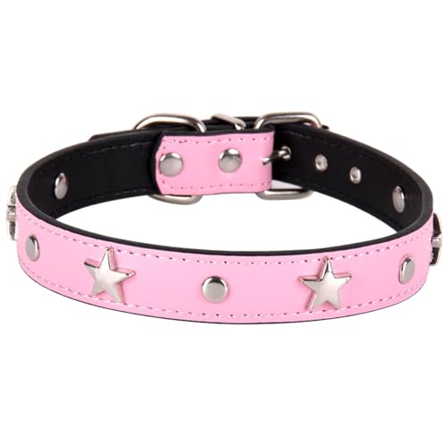 Suiecuor Lederhalsband Hund Welpenhalsband mit Metall Pentagramm Dekoration Halsband Hund Geeignet für kleine mittlere Hunde und Katzen Rosa M von Suiecuor