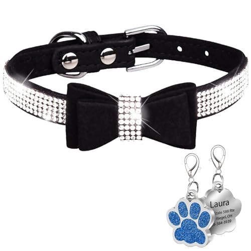 Suiecuor Personalisiertes Hundehalsband mit Strass und Bogen Hundehalsband mit personalisierter Hundemarke geeignet für kleine mittelgroße und große Hunde von Suiecuor