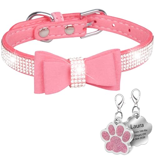 Suiecuor Personalisiertes Hundehalsband mit Strass und Bogen Hundehalsband mit personalisierter Hundemarke geeignet für kleine mittelgroße und große Hunde von Suiecuor