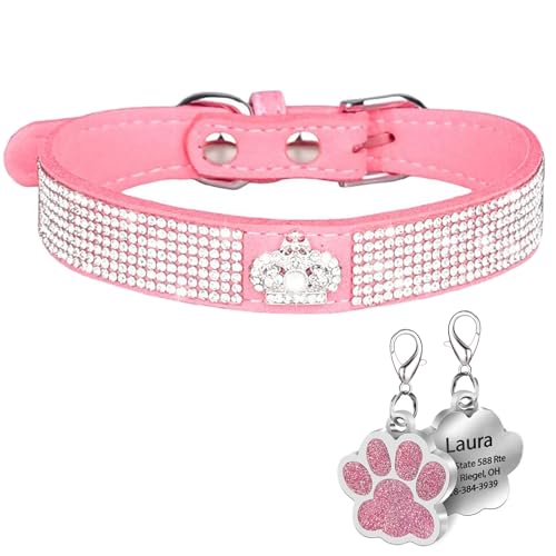 Suiecuor Personalisiertes Hundehalsband mit glänzenden Strasssteinen, verstellbares Hundehalsband aus weichem Wildleder, geeignet für kleine mittelgroße und große Hunde von Suiecuor